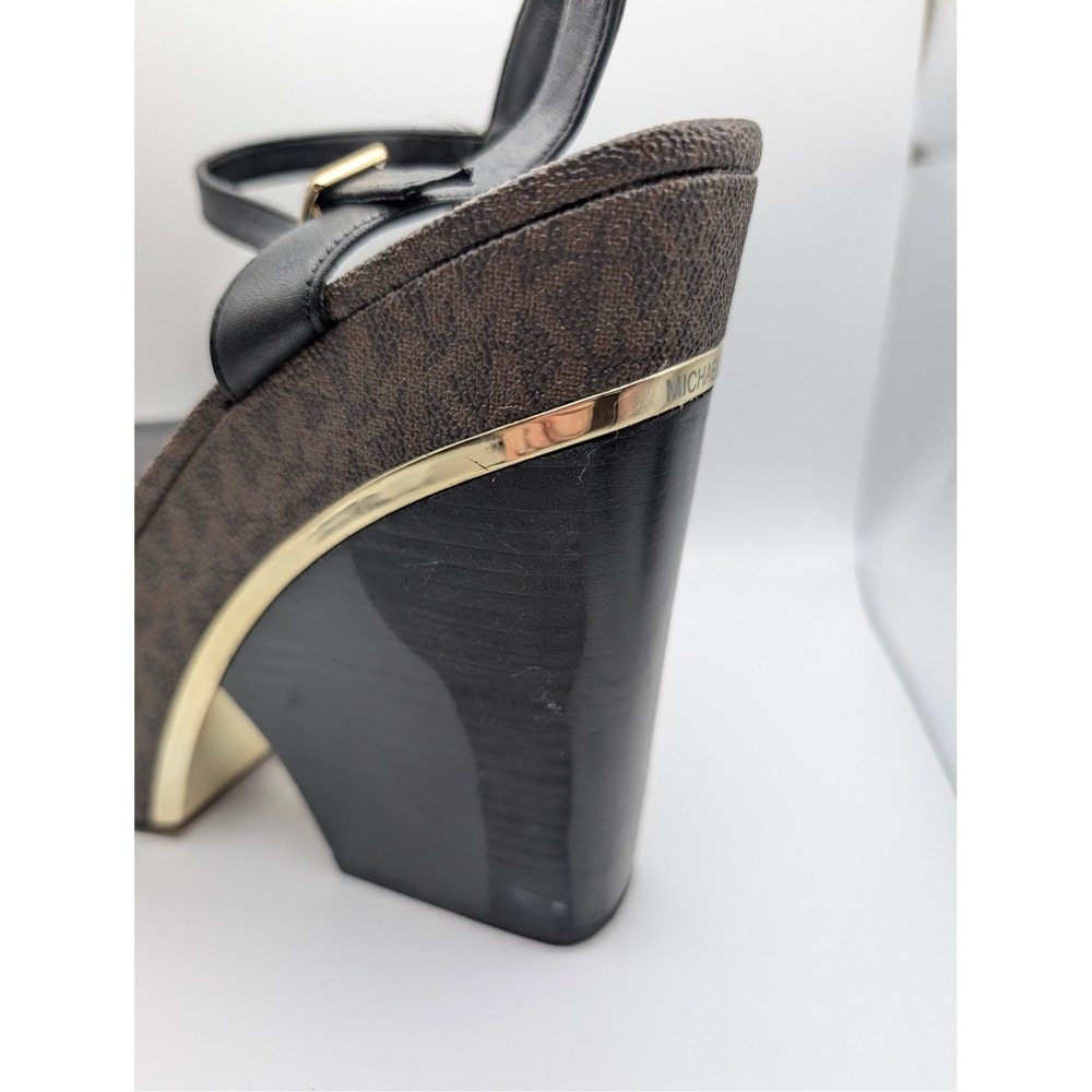 Michael Kors Womens Black Leather MK Signature Platform Wedge Sandals Size 8.5 - Picture 8 of 11